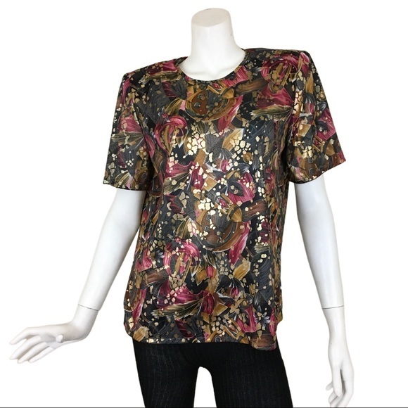 Vintage 80’s Abstract Top Shirt Gold Sheen Black Berry Woman’s 6 Fundamental - Picture 1 of 15